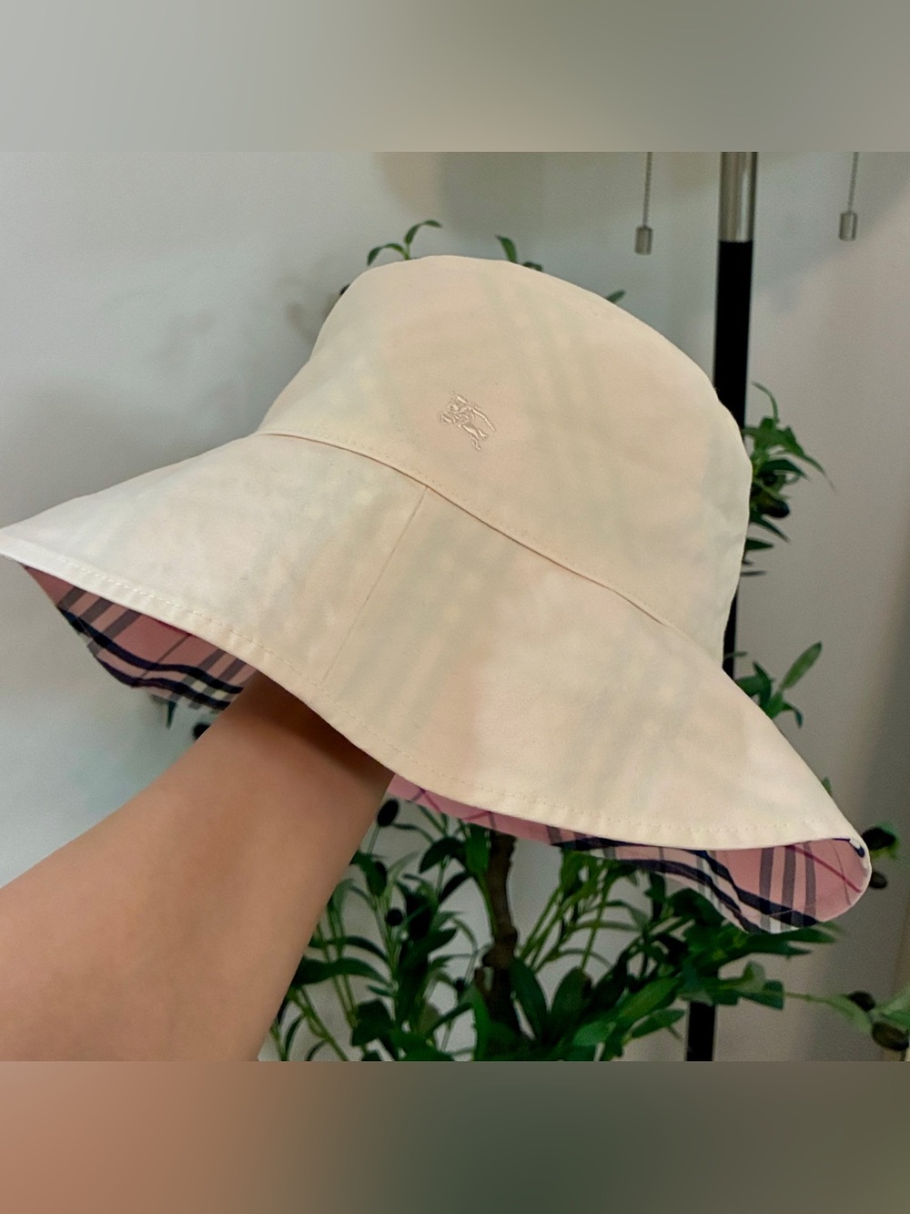 Burberry Light Pink Reversible Bucket Hat with Plaid Trim